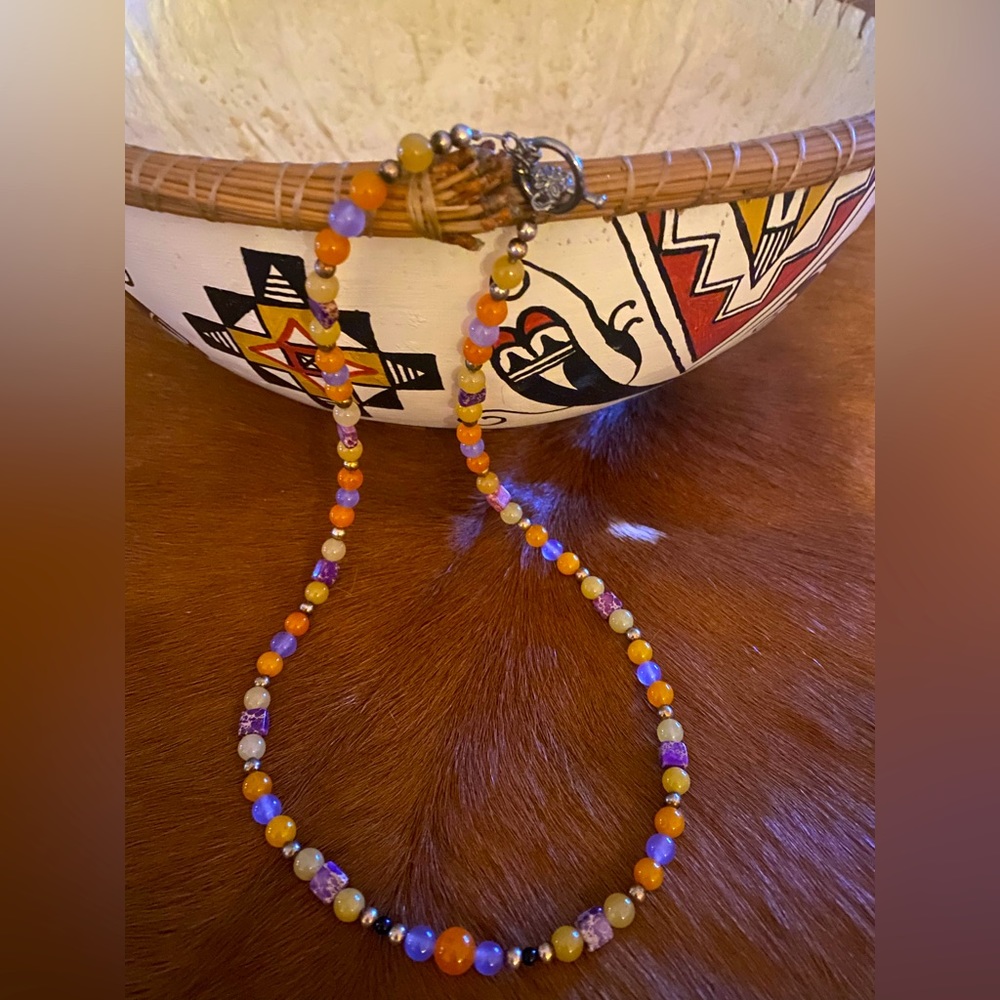 Lavender, Orange, Cream, & Black STONES & Sterling Silver Beads 36” Necklace